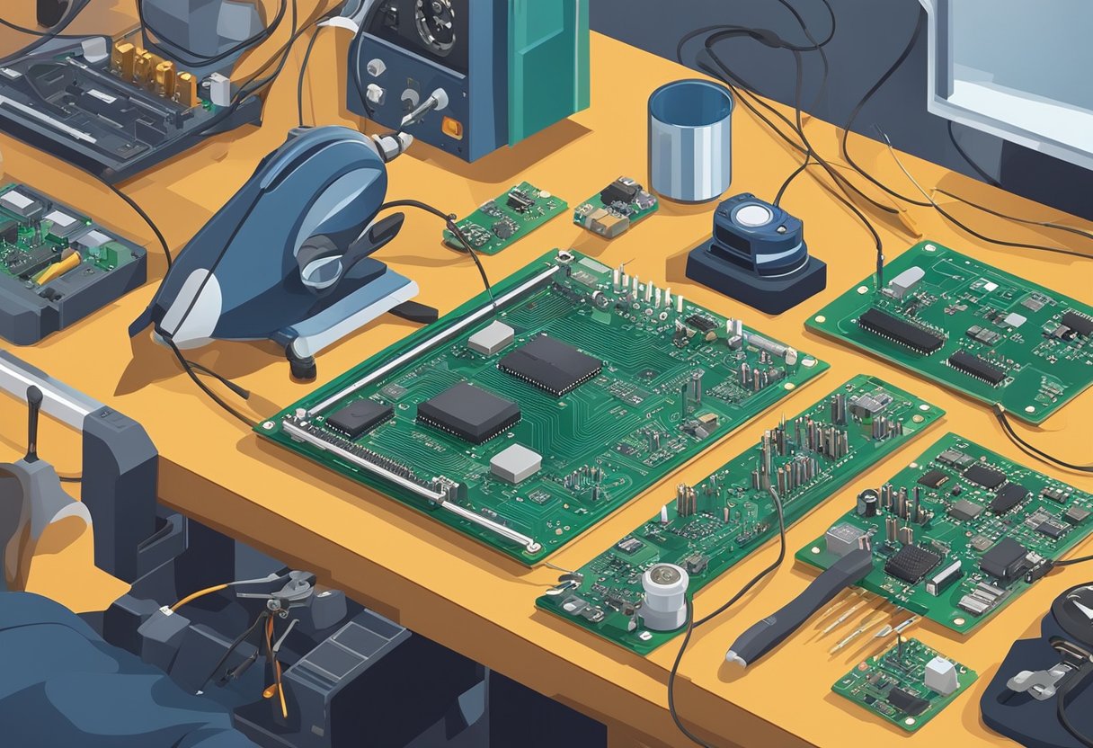 PCB components arranged on a workbench, soldering iron and tools nearby, with a technician assembling the circuit board