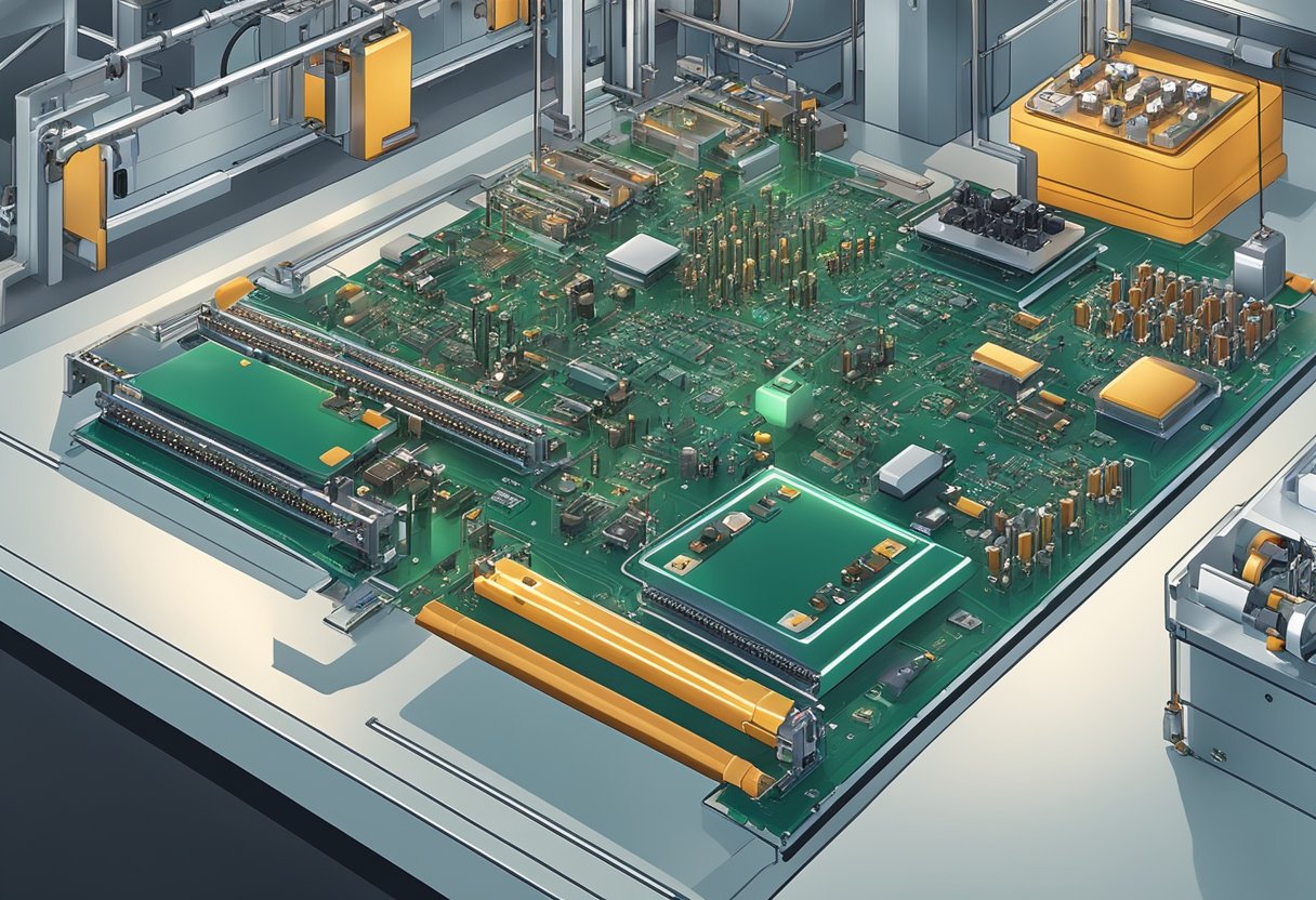 Components like resistors, capacitors, and integrated circuits are being placed and soldered onto a printed circuit board by automated machines in a manufacturing facility