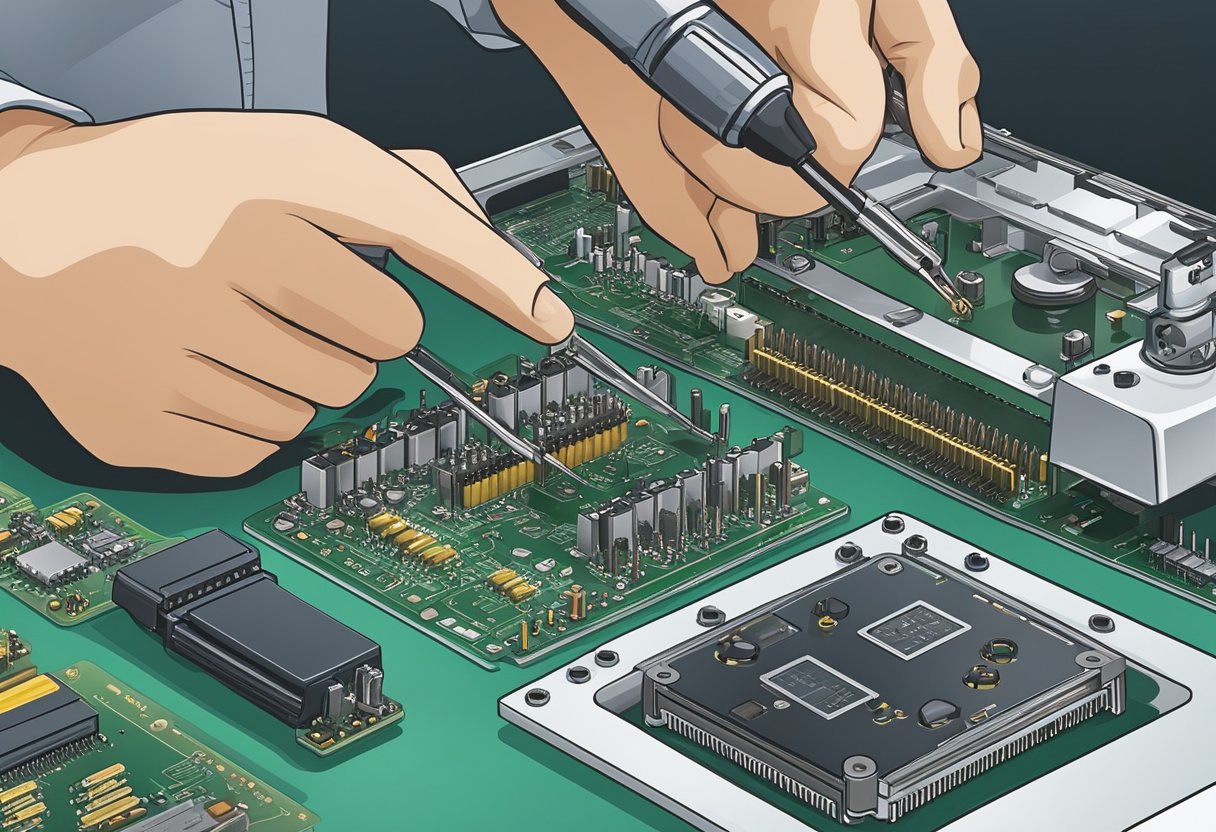 A technician soldering components onto a printed circuit board at a clean and organized assembly workstation