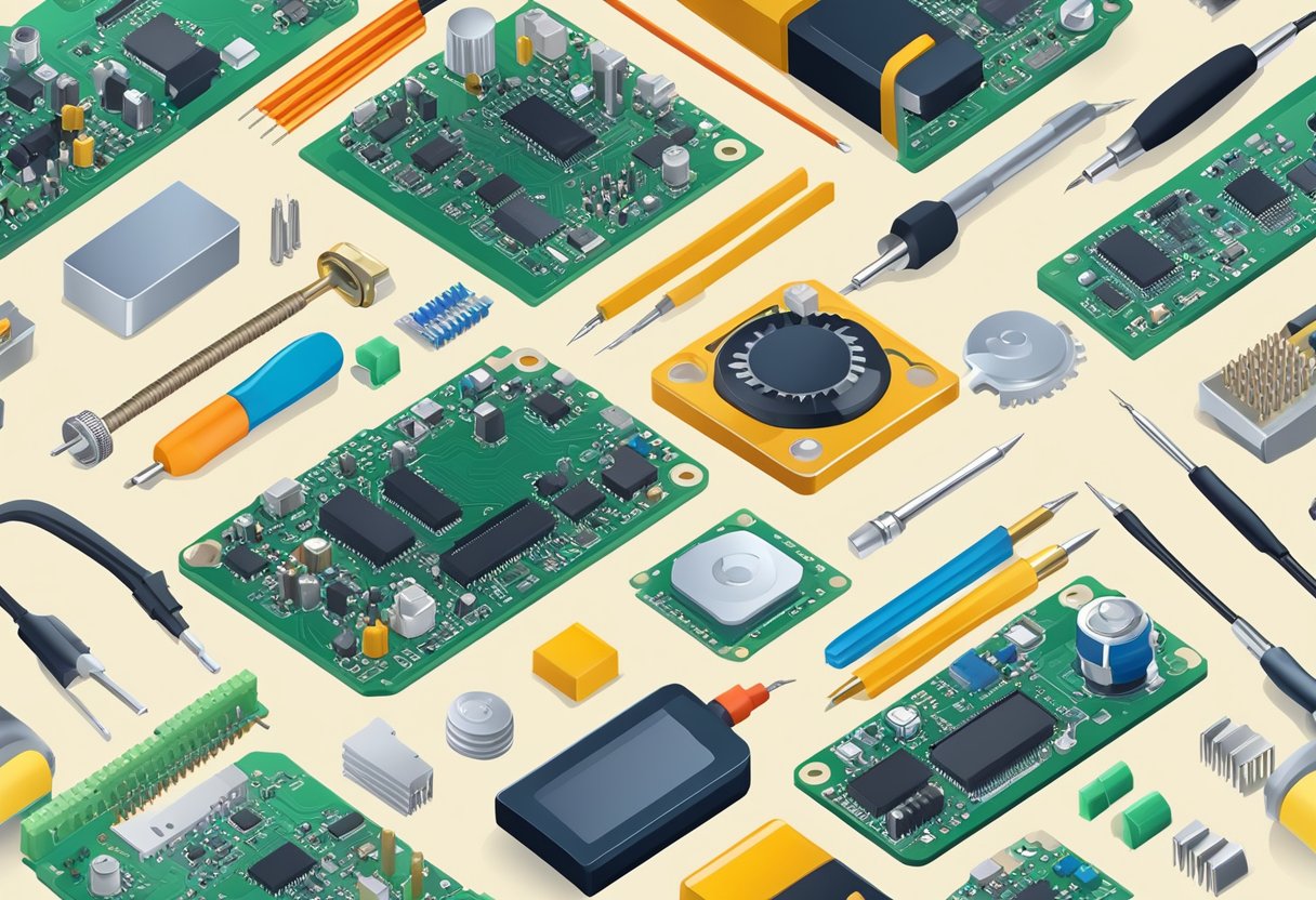 Electronic components arranged on a circuit board, with a soldering iron and other assembly tools nearby