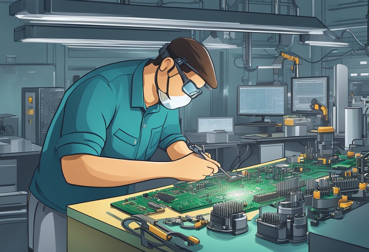 A technician assembles PCB components on a workbench with precision tools and equipment in a well-lit and organized manufacturing facility