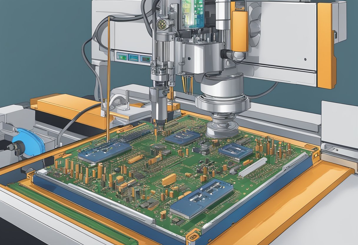 Components are being placed onto a printed circuit board (PCB) by a robotic arm. Solder paste is then applied before the board moves through a reflow oven