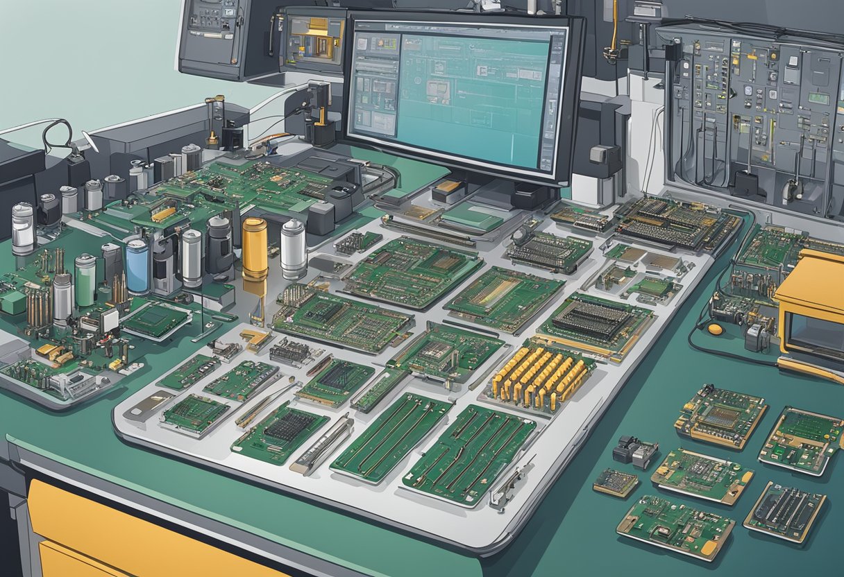 Various electronic components being soldered onto a printed circuit board in a clean and organized assembly area in Cambridge