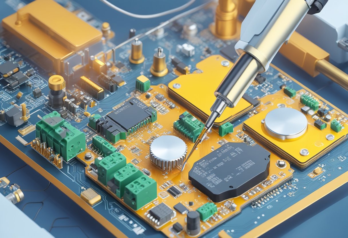 Soldering iron melts metal onto circuit board. Components placed by robotic arm. PCB assembly in progress