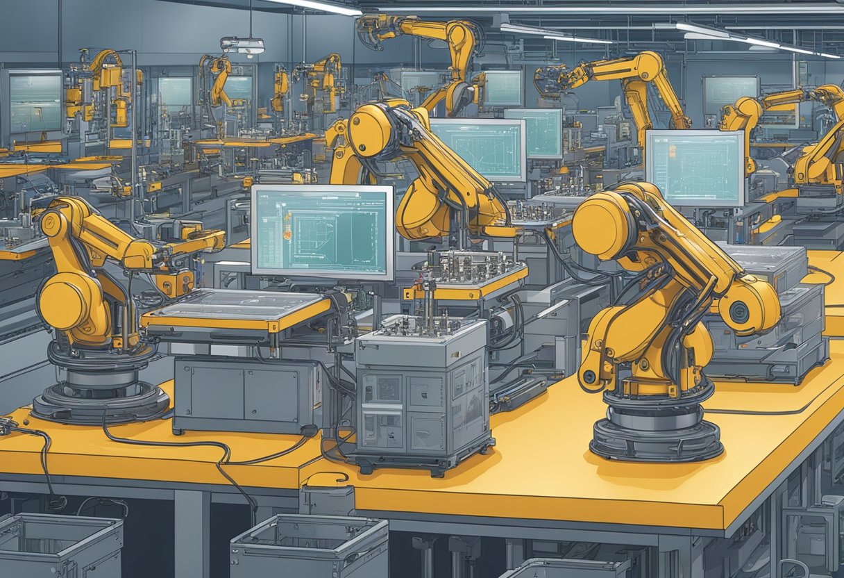 Machines assemble PCBs in a brightly lit US manufacturing facility. Robotic arms meticulously place components onto circuit boards