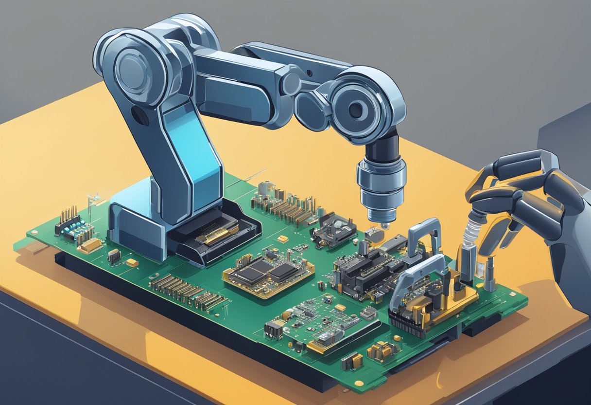 A robotic arm carefully places tiny electronic components onto a circuit board, while advanced machinery seamlessly solders and inspects the connections