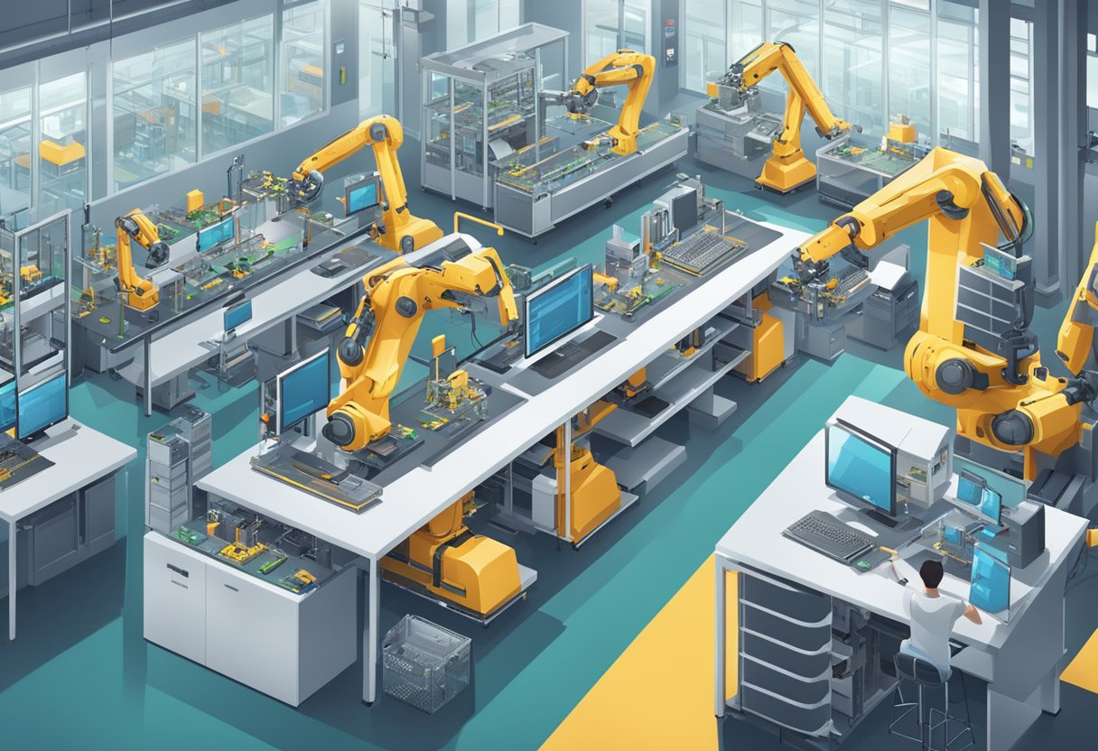 A modern factory floor with robotic arms assembling PCBs in an efficient and precise manner. Brightly lit and organized workstations