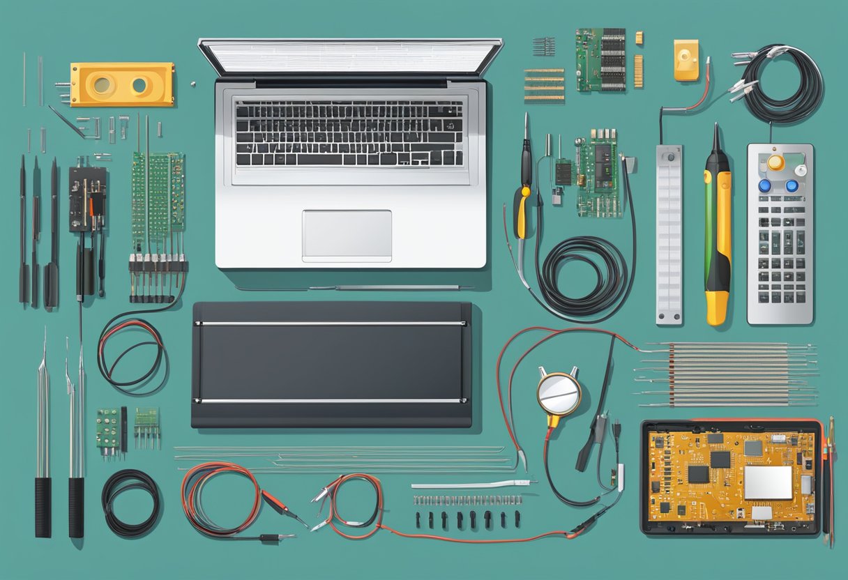 A table with various electronic components, soldering iron, and PCB boards in the process of being assembled