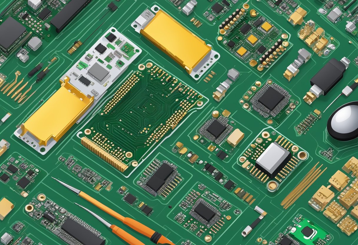 A rigid PCB assembly with various electronic components soldered onto the board, surrounded by tools such as soldering irons, tweezers, and magnifying glasses