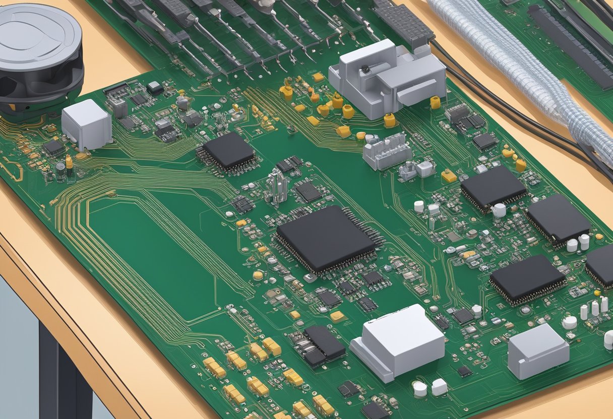 A rigid PCB assembly is laid out on a workbench, with components neatly arranged and soldered onto the board. The layout is clean and organized, with clear pathways for electrical connections