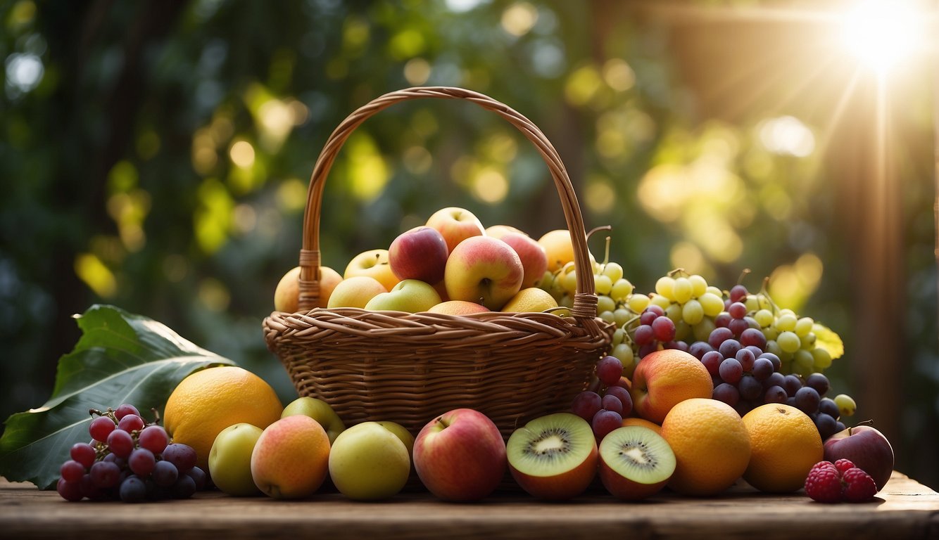 A bountiful harvest of fruits laid out as an offering on an altar, with rays of light shining down from above, symbolizing the blessings of the first fruit offering in the Bible