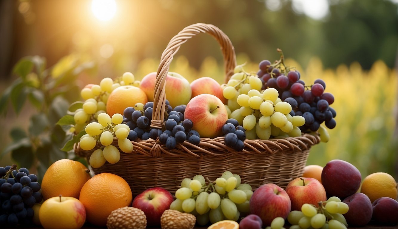 A bountiful harvest scene with ripe fruits overflowing from baskets, surrounded by a sense of gratitude and reverence. A radiant light shines upon the offering, symbolizing the blessings of the first fruit offering in the Bible