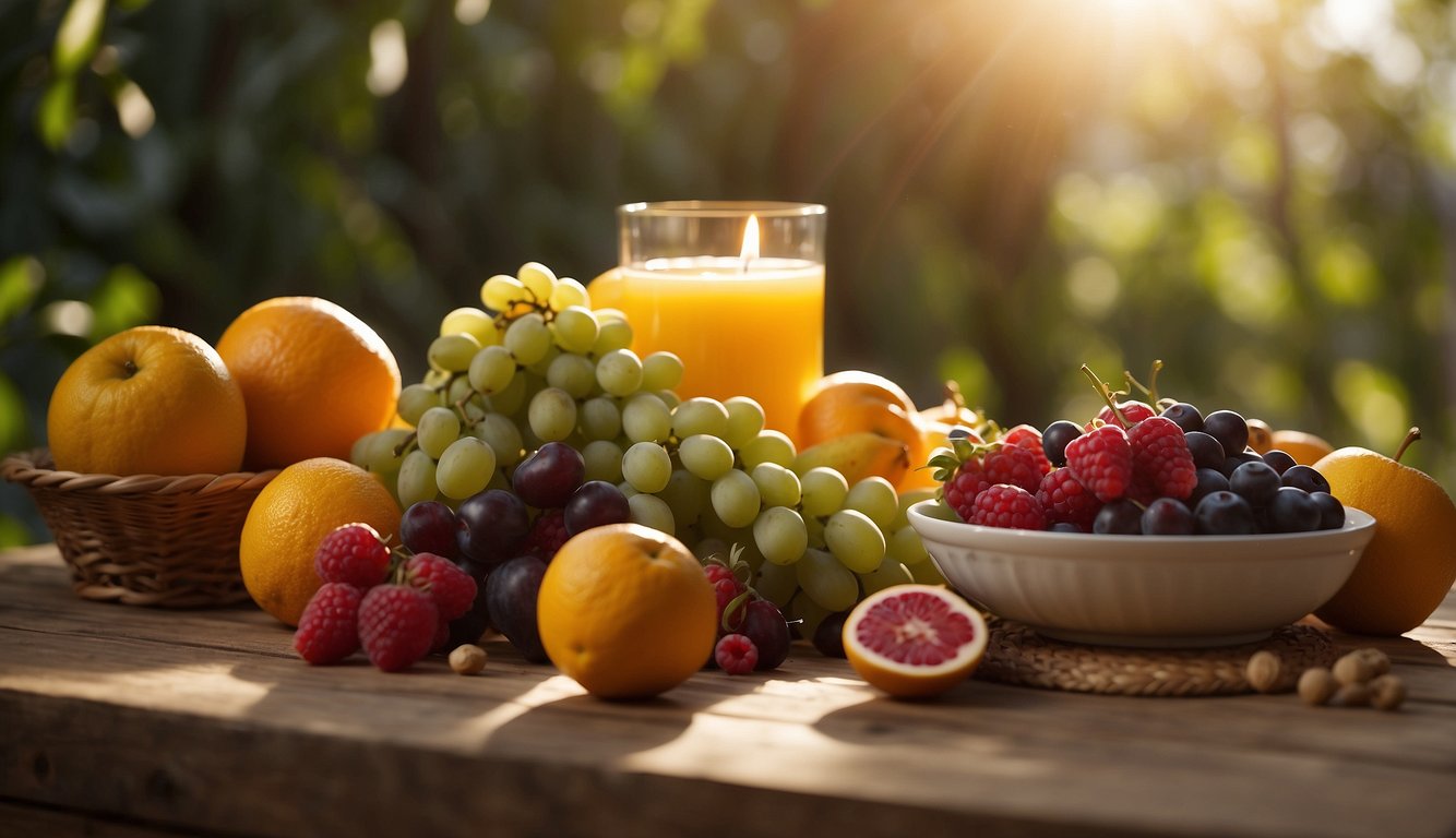 A table adorned with ripe fruits and grains, with a shaft of light shining upon it, symbolizing the act of offering first fruits as a blessing in the Bible