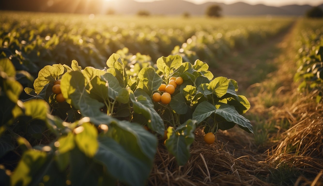 A lush field with ripe fruits, a beam of light shining on the harvest, and a sense of gratitude and reverence in the air