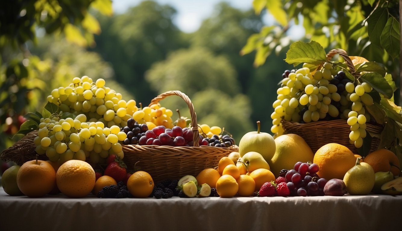 A bountiful harvest of ripe fruits displayed on an altar, surrounded by lush greenery and bathed in warm sunlight, symbolizing the blessings of first fruit offerings in the Bible