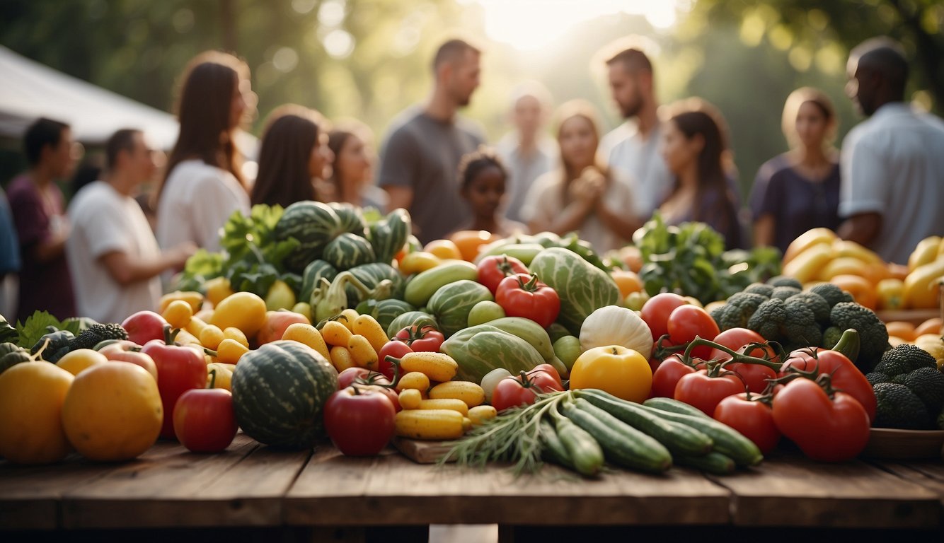 A table stacked with fresh produce, surrounded by a group of people in prayer, with a sense of reverence and gratitude in the air