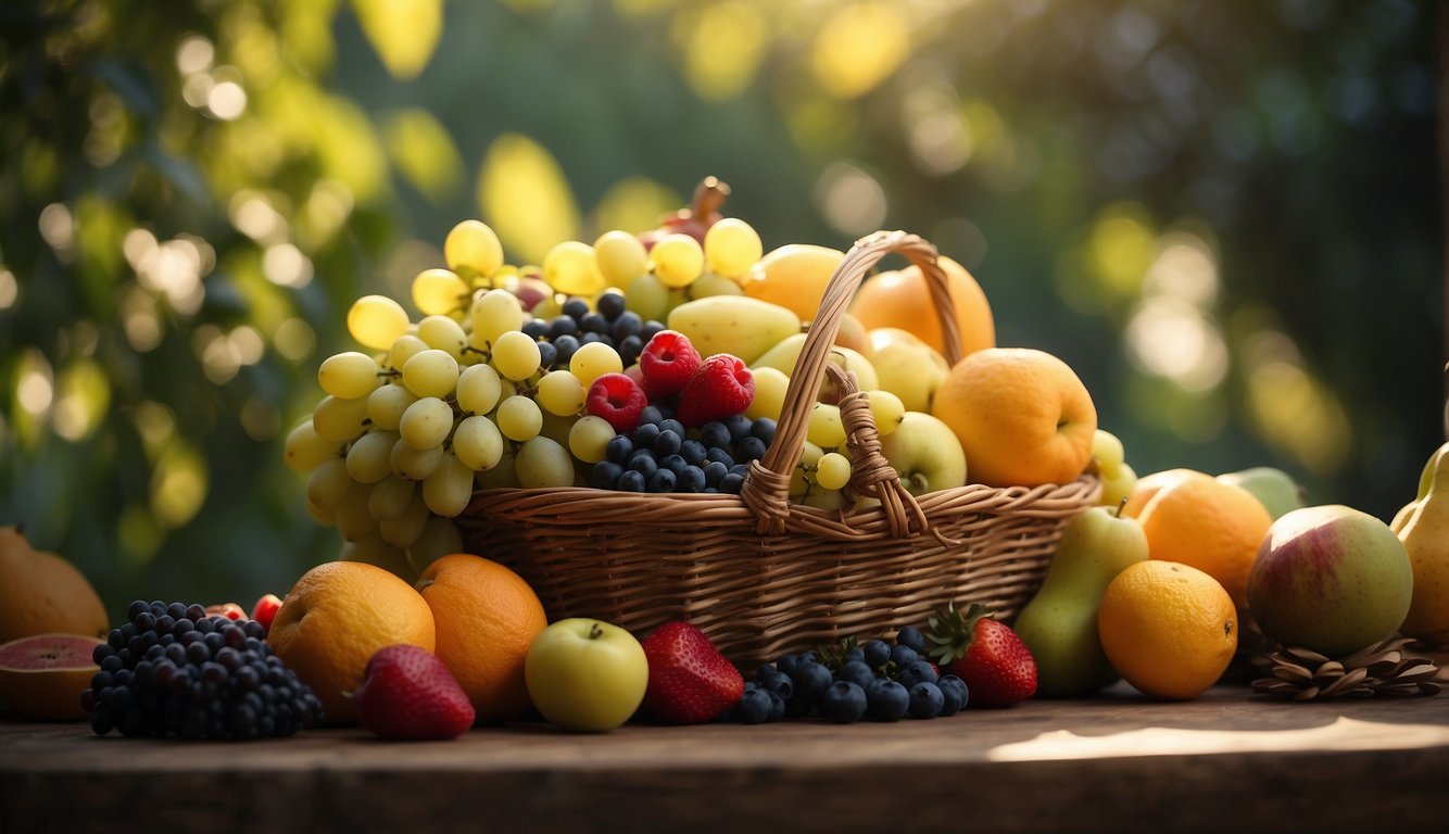 A bountiful harvest of fruits being presented as an offering, with rays of sunlight shining down on them, symbolizing the blessings of the first fruit offering in the Bible