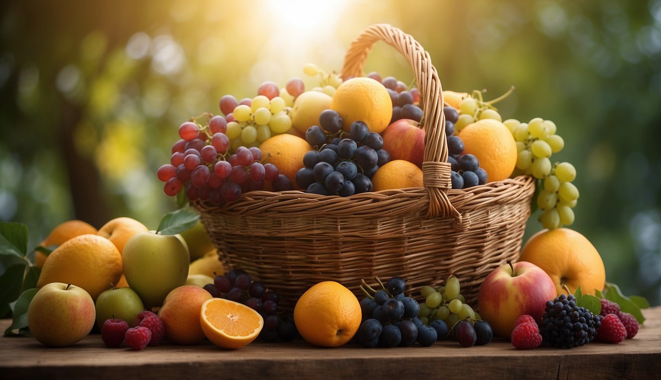 A basket overflowing with ripe fruits, surrounded by a radiant light, symbolizing the blessings of the first fruit offering in the Bible