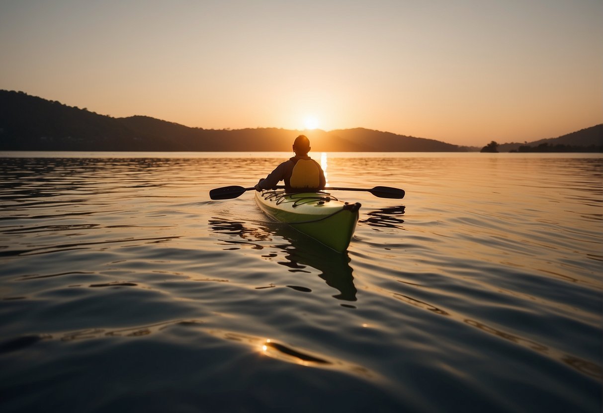 A kayak sails gracefully across the calm, glistening water, with the sun casting a warm glow on the horizon