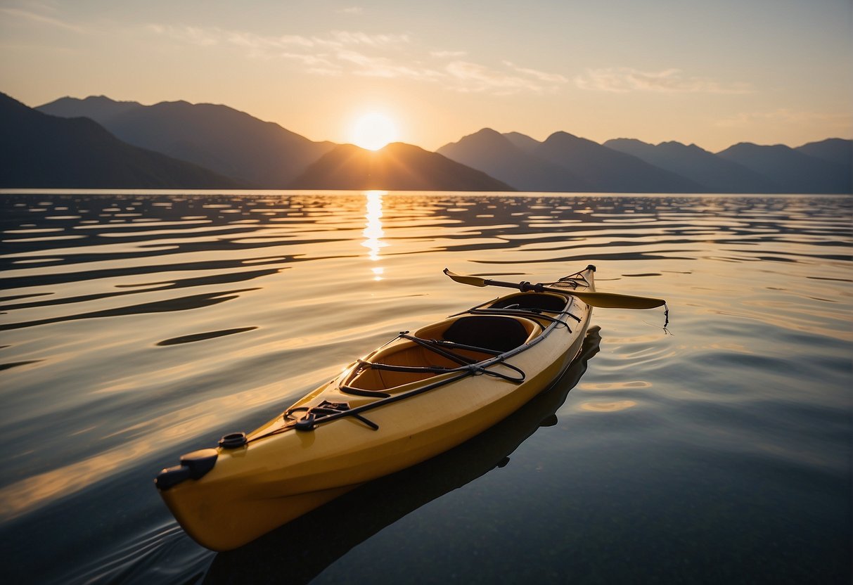 A kayak glides across calm water, its sail billowing in the wind. The sun sets behind distant mountains, casting a warm glow over the scene