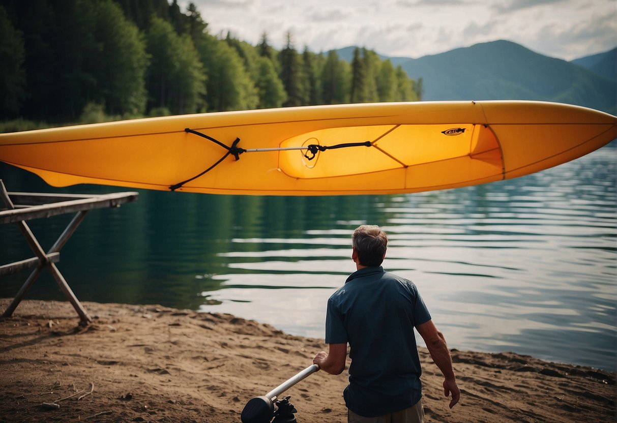 A person selects a kayak sail from a rack by the water