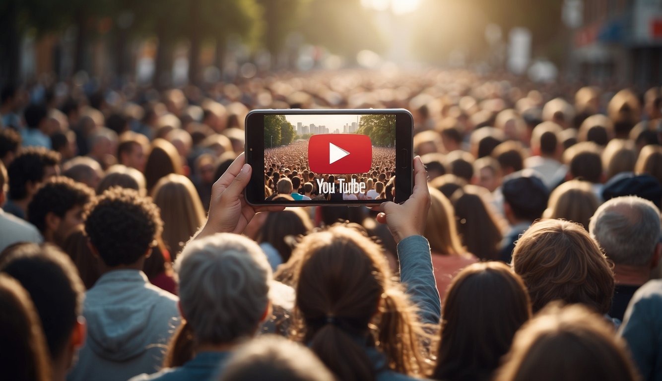 A YouTube logo surrounded by a crowd of diverse, engaged viewers. A small channel creator holds a sponsorship offer in one hand, while creating content with the other