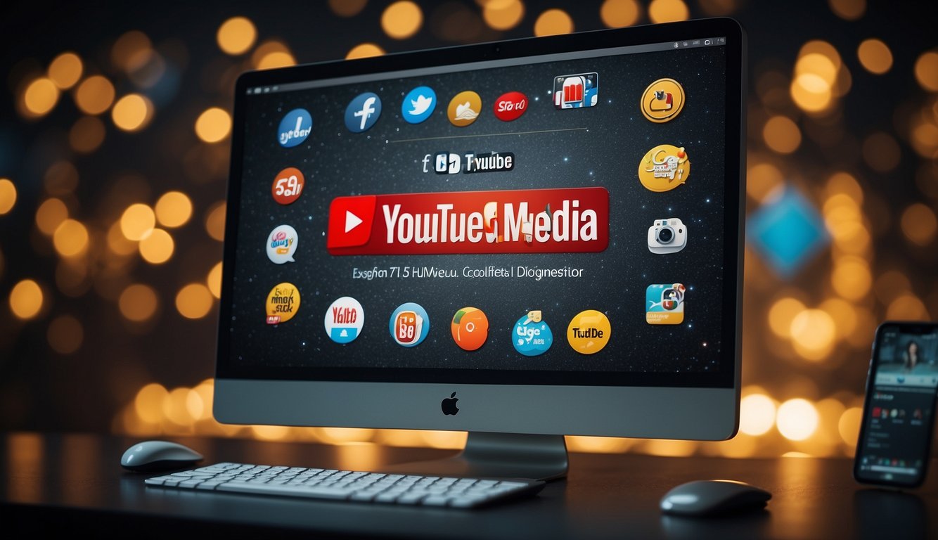 A computer screen displaying YouTube analytics and social media logos with a "sponsored" badge
