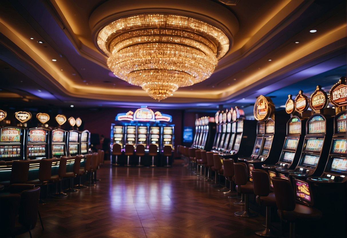 A bustling casino floor with bright lights, slot machines, and card tables. Patrons are cheering and celebrating wins, creating a lively and energetic atmosphere