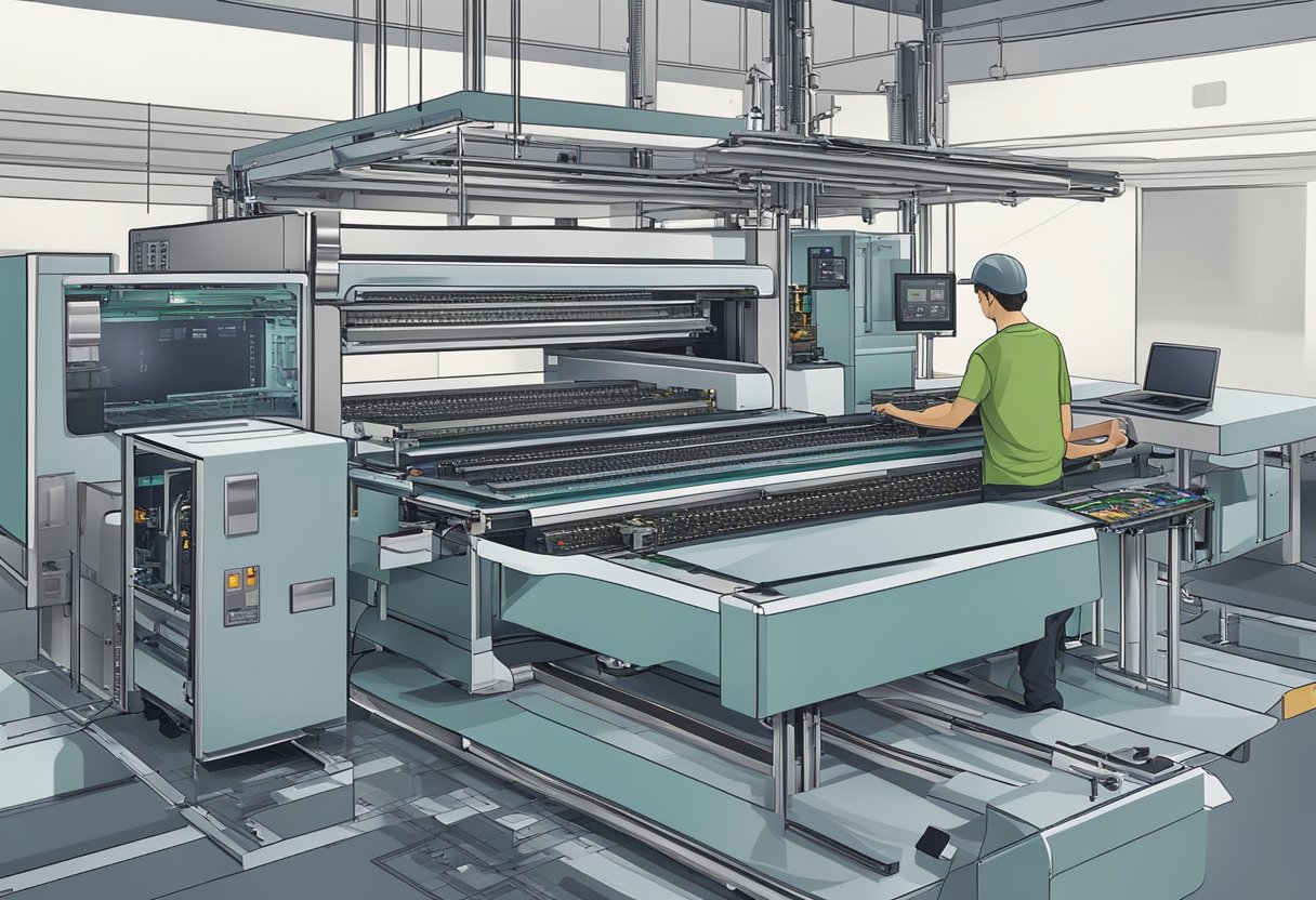 Custom PCB printing equipment in operation, with components being assembled onto the printed circuit board