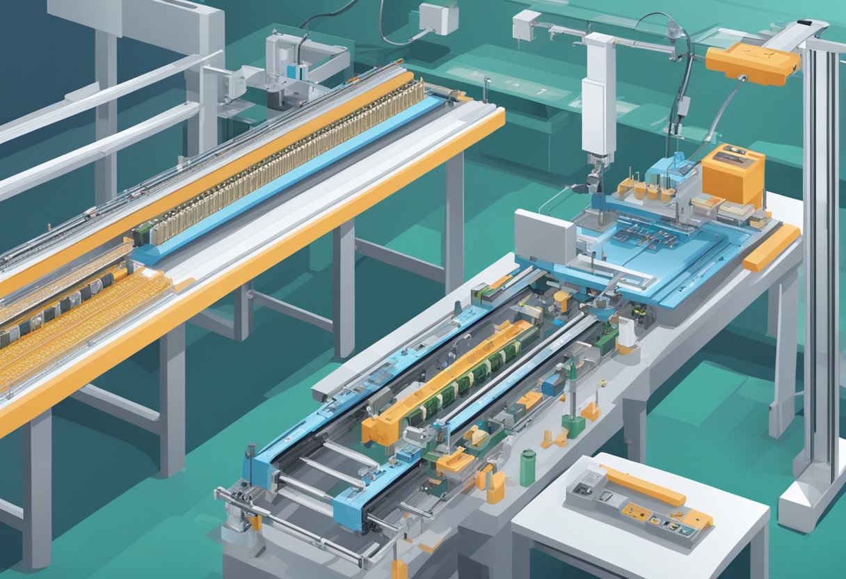 Soldering iron connects components on PCB. Conveyor belt moves boards through assembly line. Automated machines place and solder parts