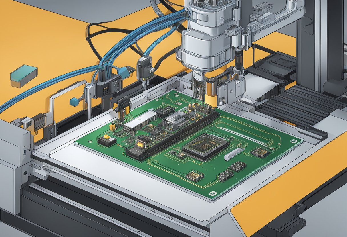 A robotic arm precisely places electronic components onto a custom PCB, while a high-tech printer meticulously prints circuit traces onto the board