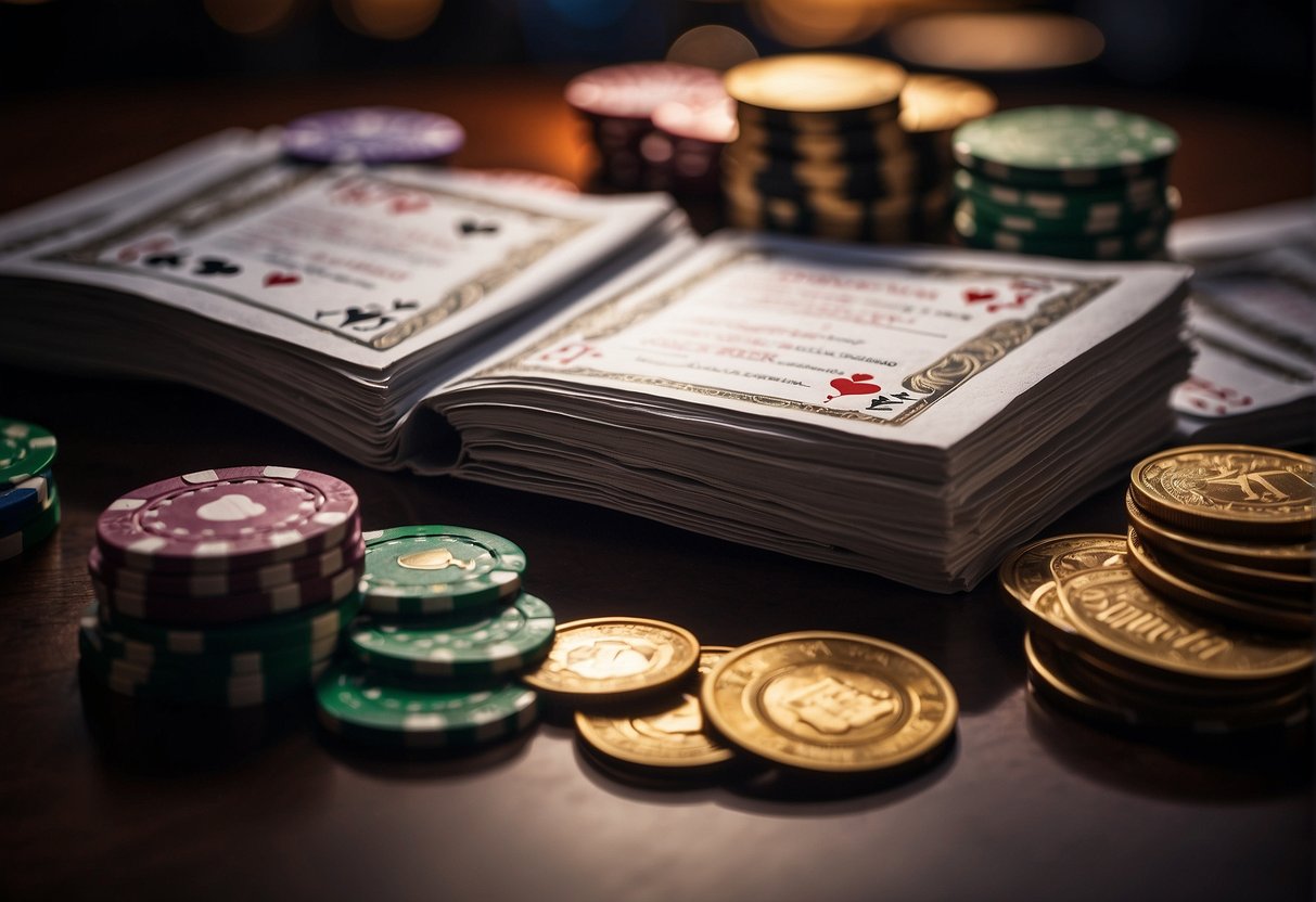 A casino bonus terms and conditions document lies open on a table, surrounded by stacks of poker chips and playing cards