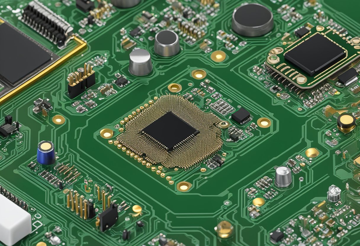 A slingshot PCB assembly: Components arranged on a circuit board, soldered connections, and testing equipment nearby