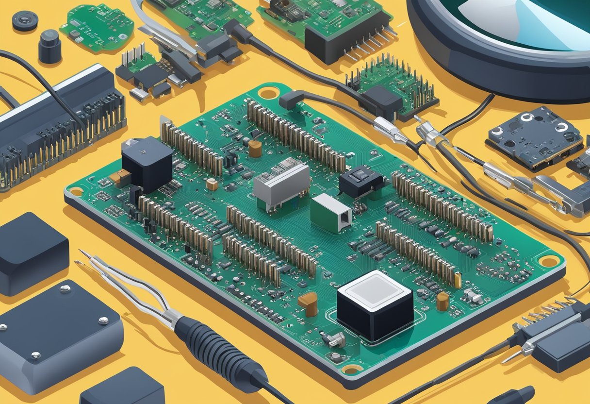 Multiple electronic components being assembled onto a printed circuit board. Soldering iron and equipment visible