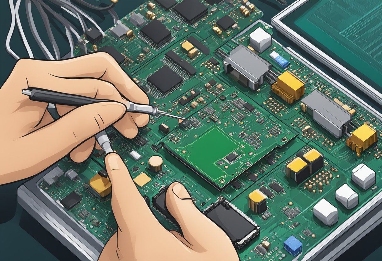 A technician carefully places electronic components onto a printed circuit board, using a soldering iron to secure them in place