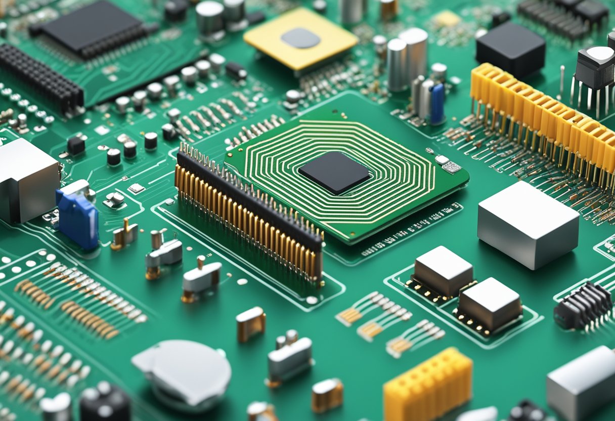 An array of electronic components arranged on a printed circuit board, with soldering equipment and machinery in the background