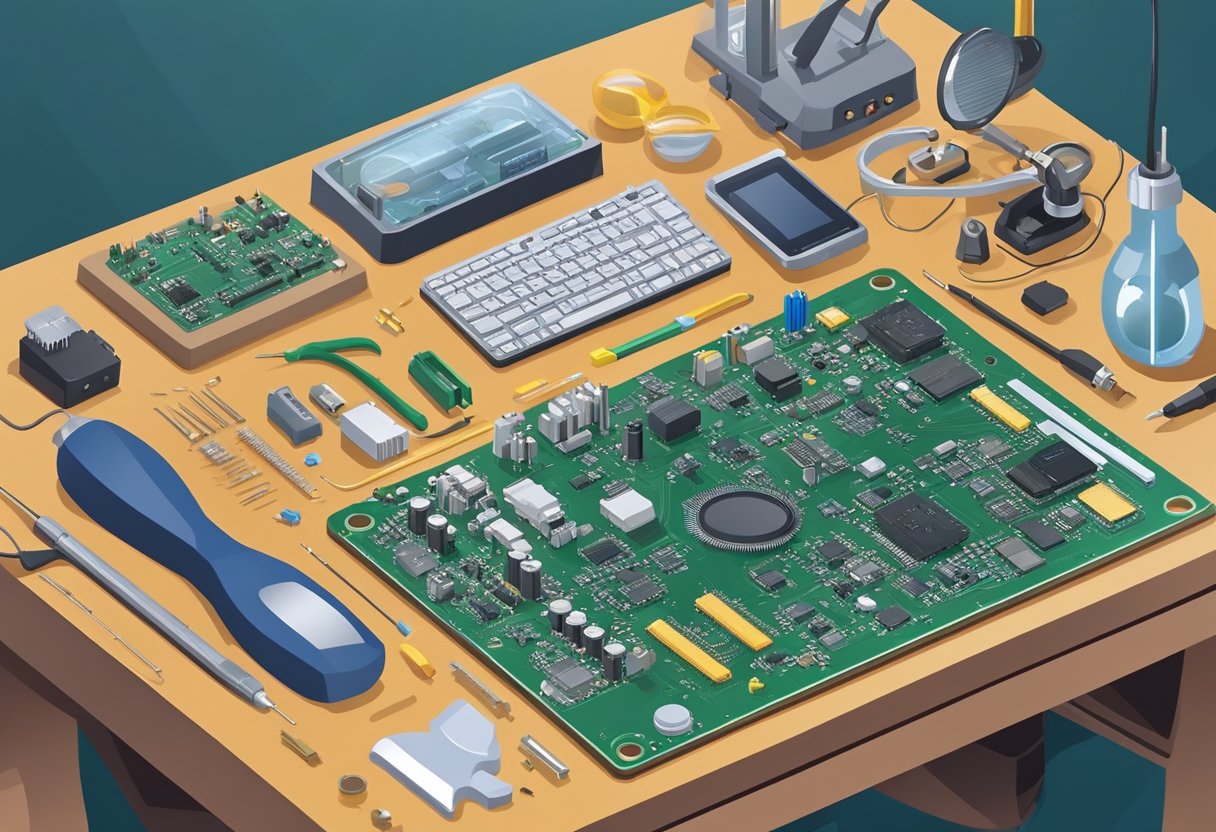 A technician assembles PCB prototype with various electronic components on a workbench. Soldering iron, magnifying glass, and small tools are scattered around