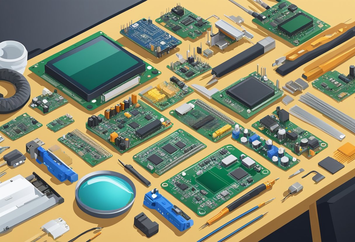 Various components, soldering equipment, and assembly tools laid out on a workbench, with a printed circuit board prototype in the center