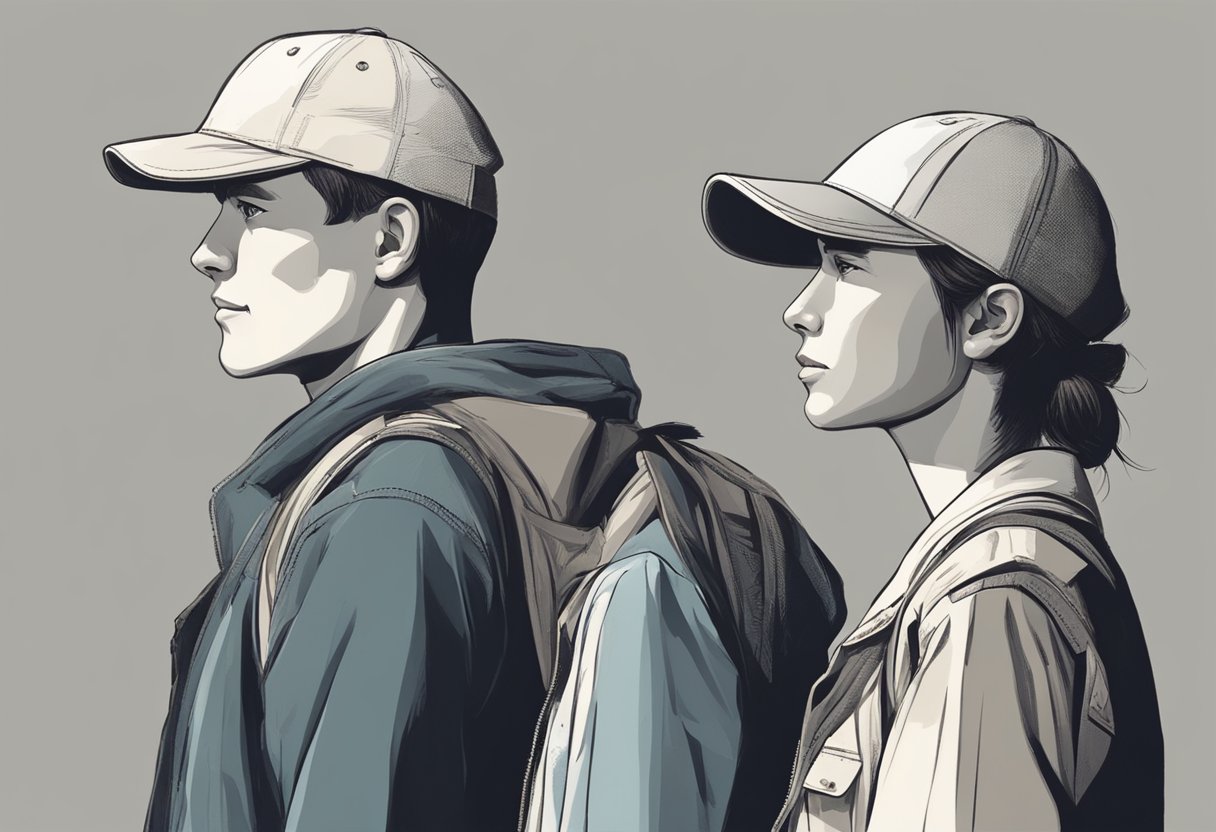 Two figures stand side by side, facing the audience. One has short hair, the other wears a cap. Their profiles are distinct, with strong jawlines and defined features