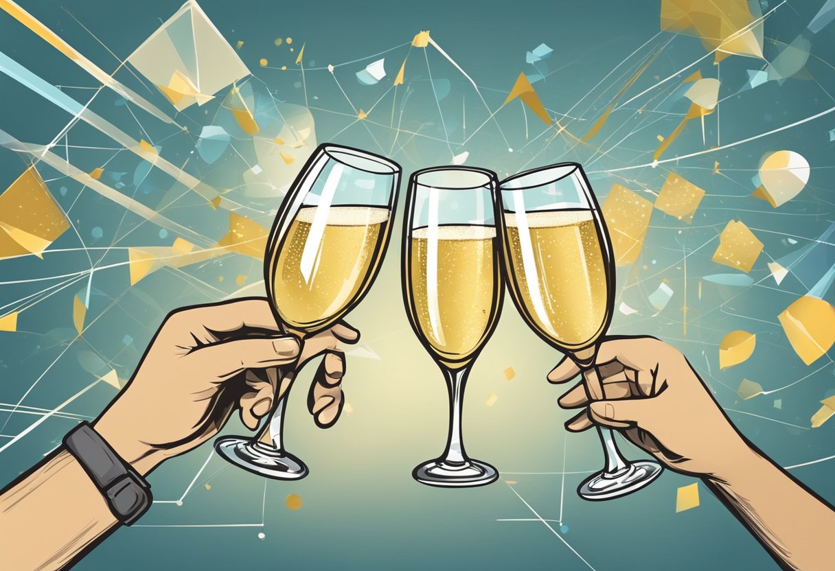A celebratory toast with champagne glasses clinking, surrounded by charts and graphs showing growth and success