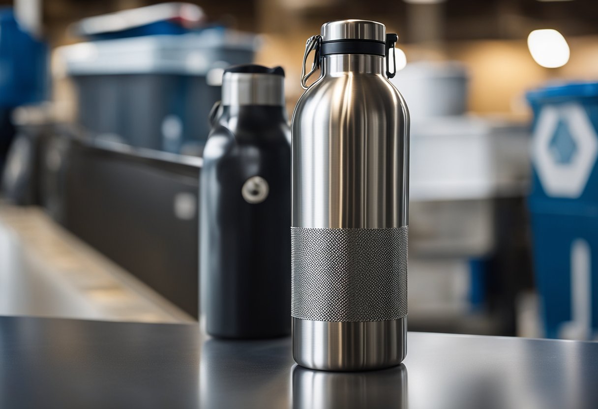 A stainless steel water bottle on a table