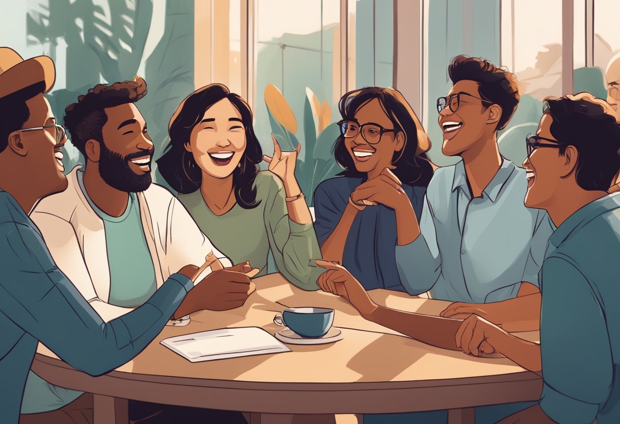 A group of people gathered in a lively discussion, sharing ideas and connecting with each other. Laughter and animated gestures fill the air, creating a sense of engagement and community