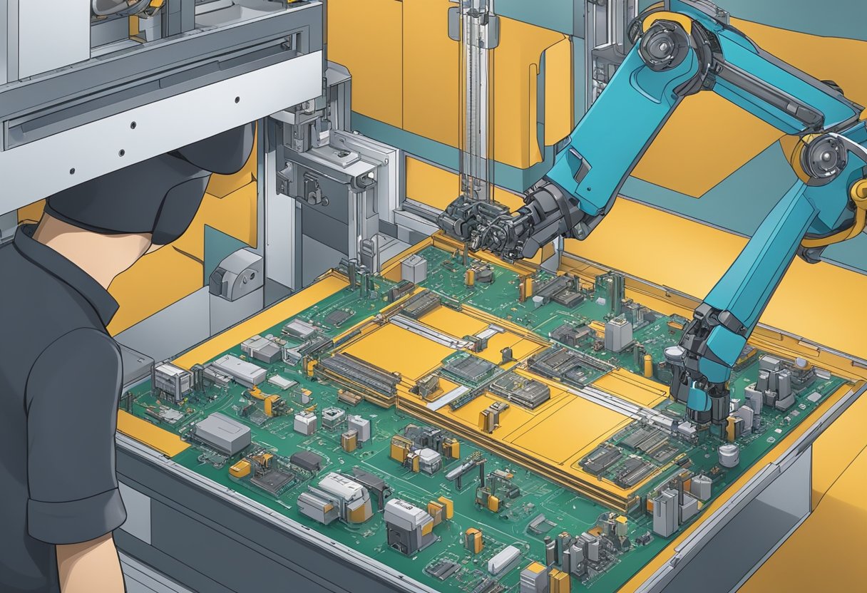 Components are picked and placed onto a PCB board by a robotic arm in a manufacturing setting