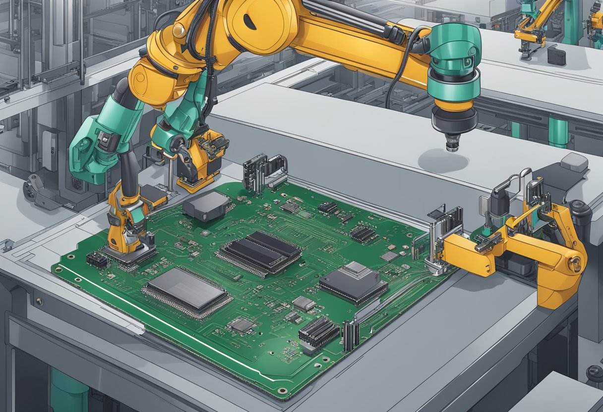 PCB components being picked and placed onto circuit board by robotic arm in assembly line