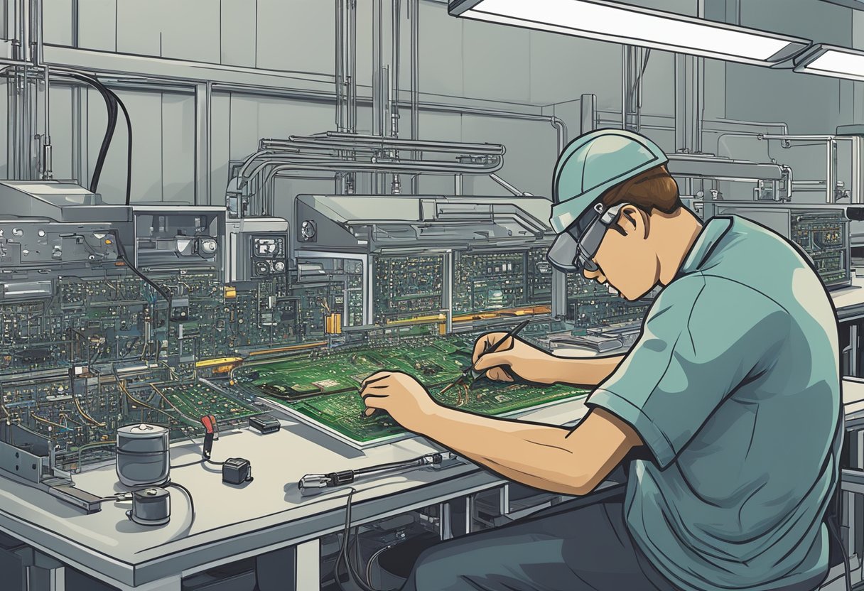 A technician soldering components onto a printed circuit board in a well-lit assembly facility in Illinois