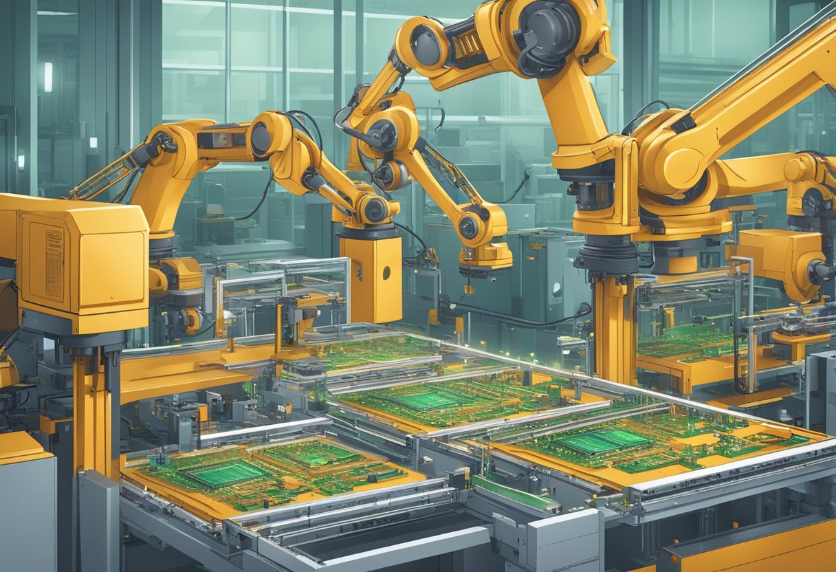 Multiple printed circuit boards being assembled at a rapid pace by robotic arms and machinery on a factory production line