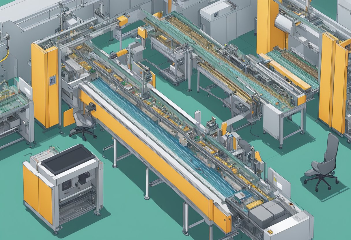 A conveyor belt moves PCBs through automated assembly machines, with robotic arms placing components onto the boards. Soldering machines then secure the components in place before the finished PCBs are inspected and packaged