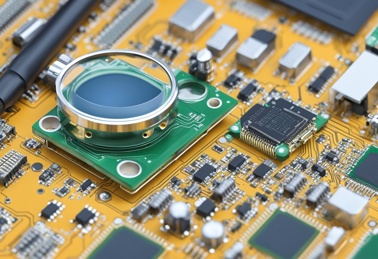 A table with PCB components, a soldering iron, and a magnifying glass, following IPC standards for assembly