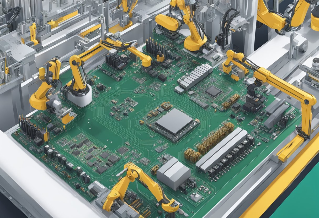 A circuit board being assembled with various electronic components by robotic arms in a manufacturing facility