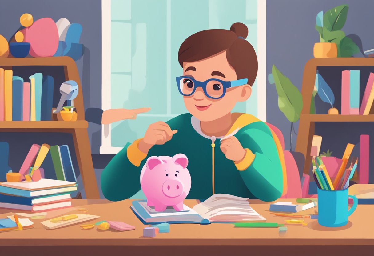 A colorful piggy bank sits on a child's desk, surrounded by books and toys. A parent is seen pointing to the piggy bank, teaching the child about saving